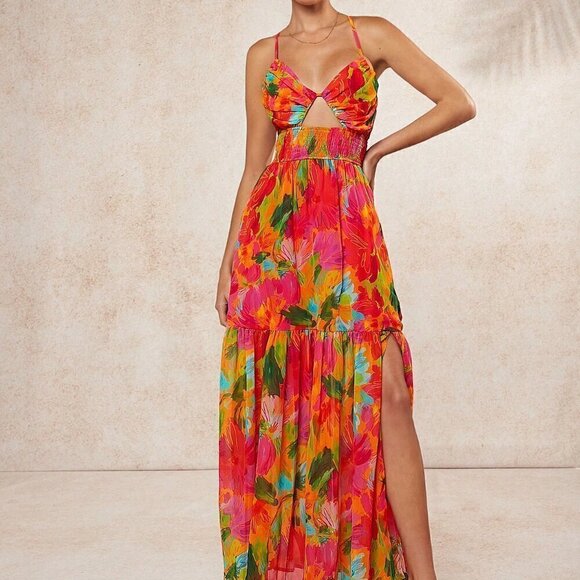 Boho Women's Tropical Tiered Hem Backless Maxi Dress Multicolor - Picture 5 of 5